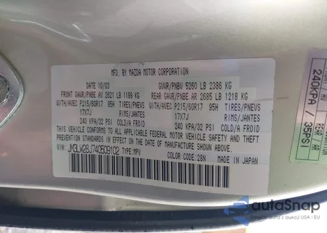 2004 Mazda Mpv Es from USA, damaged, VIN JM3LW28J740509102